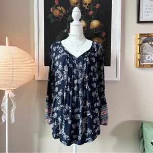 Sonoma navy white & pink boho floral flowy peasant tunic top L